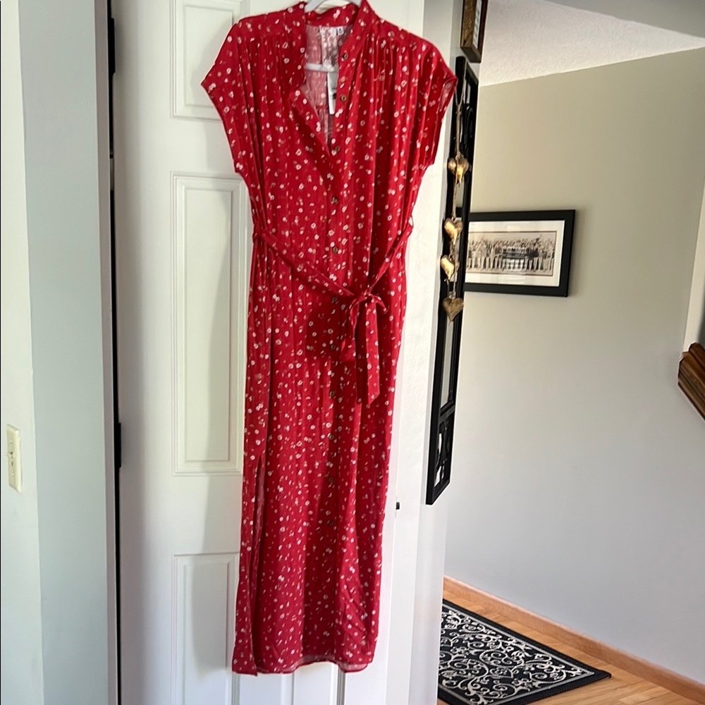 Sadie & Sage Red and White Wrap Maxi Dress with Flutter Sleeves